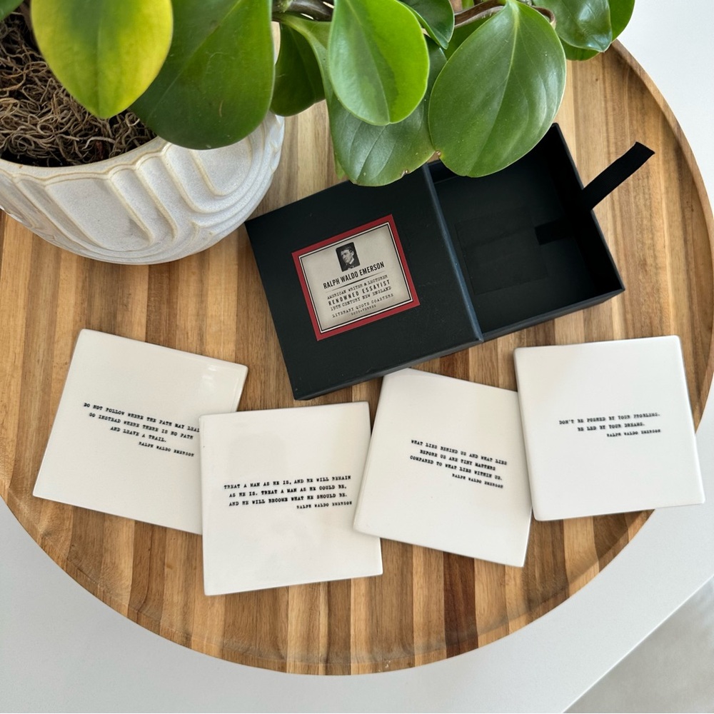 NIB Restoration Hardware Ceramic Coaster Set: Ralph Waldo Emerson Lit. Quotes